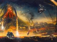 Alexis Rockman, Mt. Vesuvius, Autumn, 79 AD, 2024, Oil and cold wax on wood, 36 x 84 in.