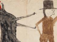 drawing of a black dog with a red tongue and a man in a brown hat