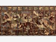 Folding screen, dark burgundy and intricately decorated to show a courtyard with Chinese structures and pavilions and garden features wit people mingling about.    