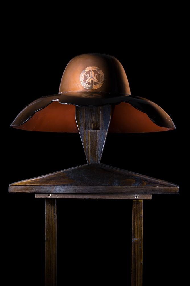 Onna-bugeisha Jingasa. Bushi caste woman headgear. Lacquer, wood, cotton. Japan, Edo Period.