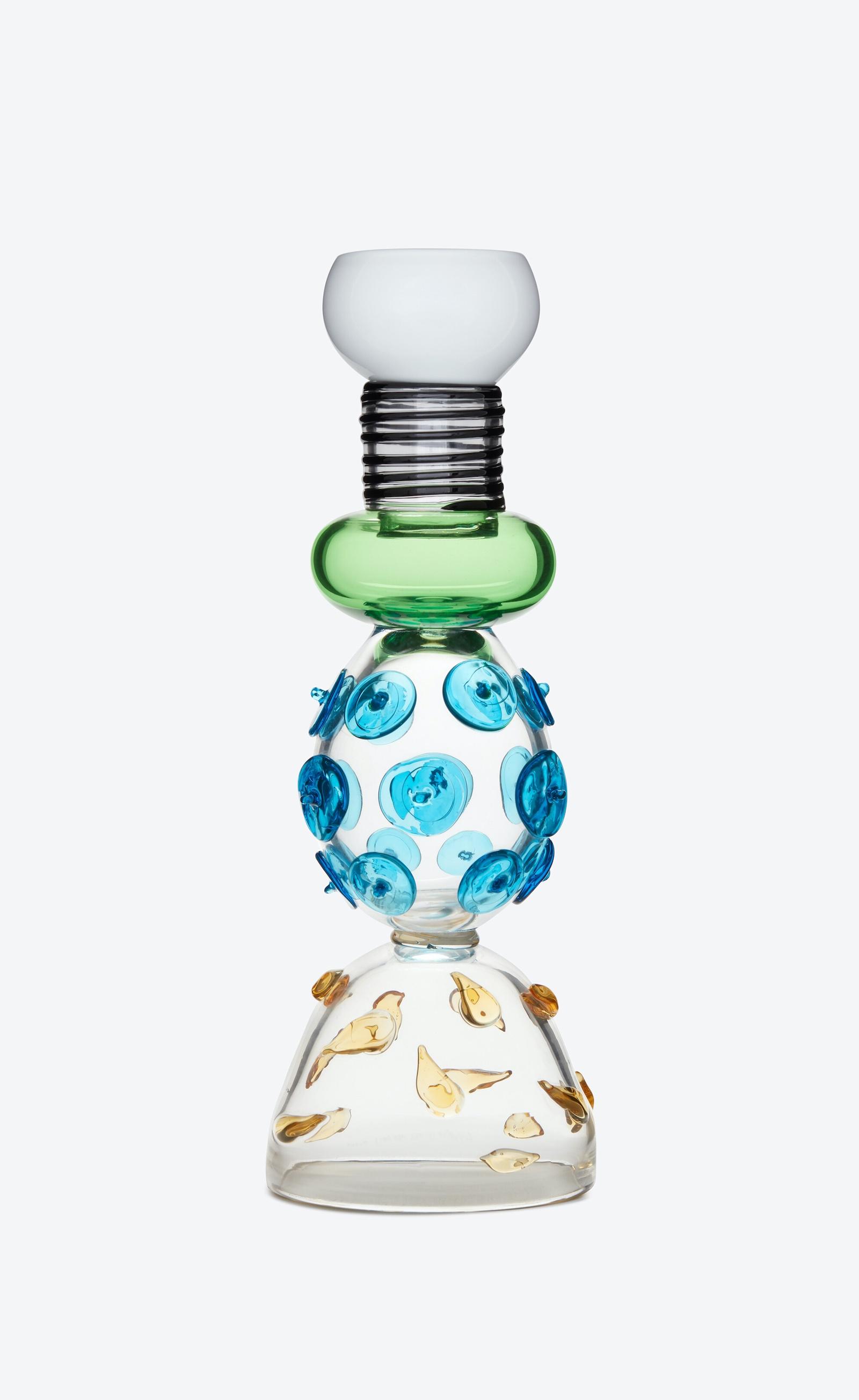 Blown Glass Vase in 5 primary segments. A clear bowl-like top, then a metallic cylinder, a blue-spotted bulb, and a reversed yellow-spotted bowl-shape.