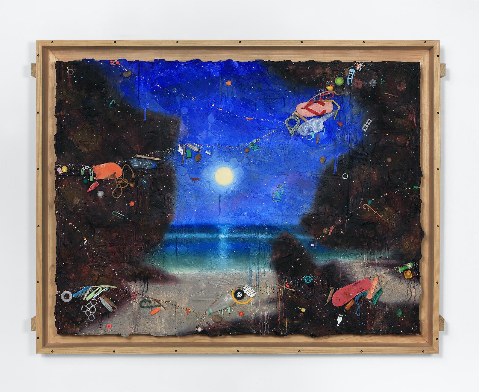 Ashley Bickerton, Padang Moon, 2020. moon scene over water, framed by towering cliff-like masses