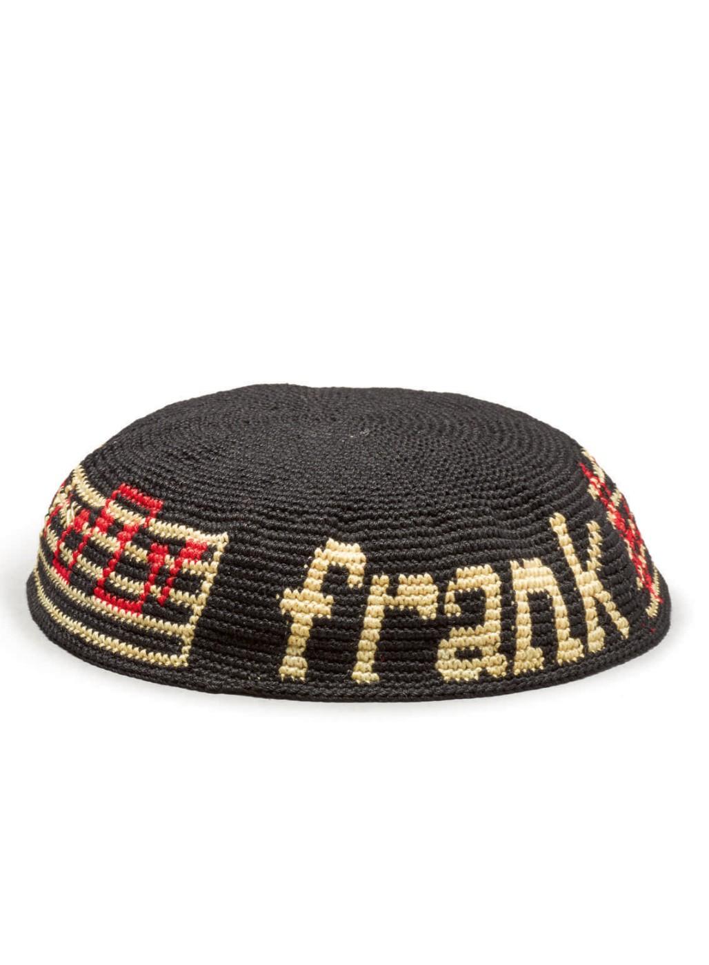 Hand-Crocheted Yarmulke, with Musical Note and "Frank" Border.