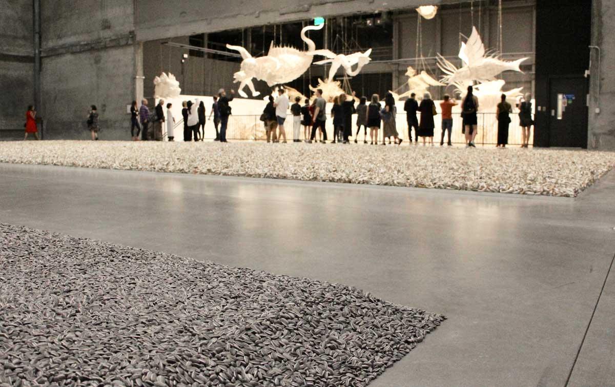 Sunflower Seeds and Spouts (foreground) installed as part of Ai Weiwei: Life Cycle at the Marciano Art Foundation