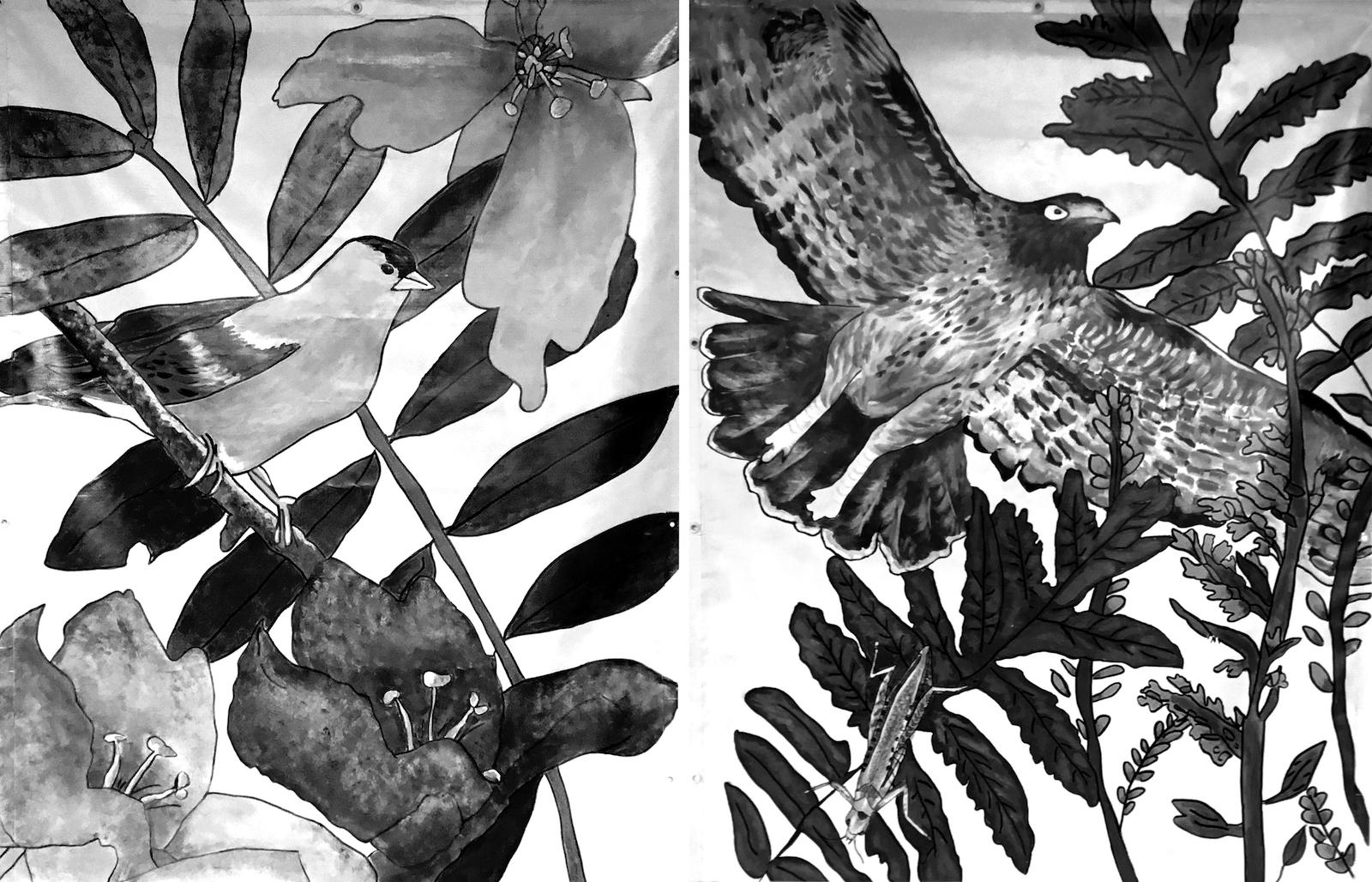 Ann T. Rosenthal, Completed Banners for Phipps Environmental Center, 2018. Acrylic paint on upcycled vinyl banners.
