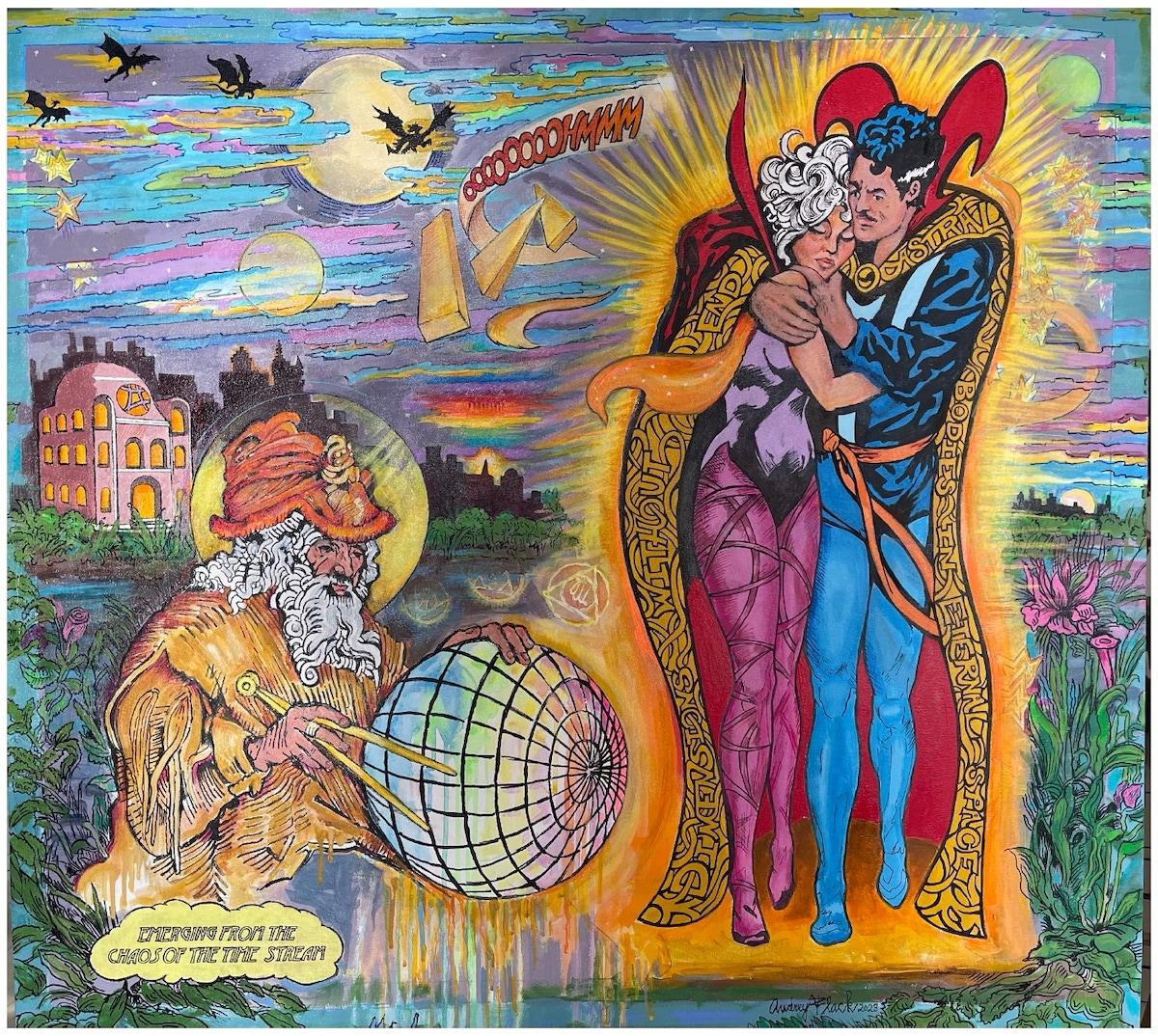 Audrey Flack, Harmonic Convergence, 2023. Acrylic and mixed media on canvas. 36 x 42 in. (91.4 x 106.7 cm). Collection of the Diamond Family Trust