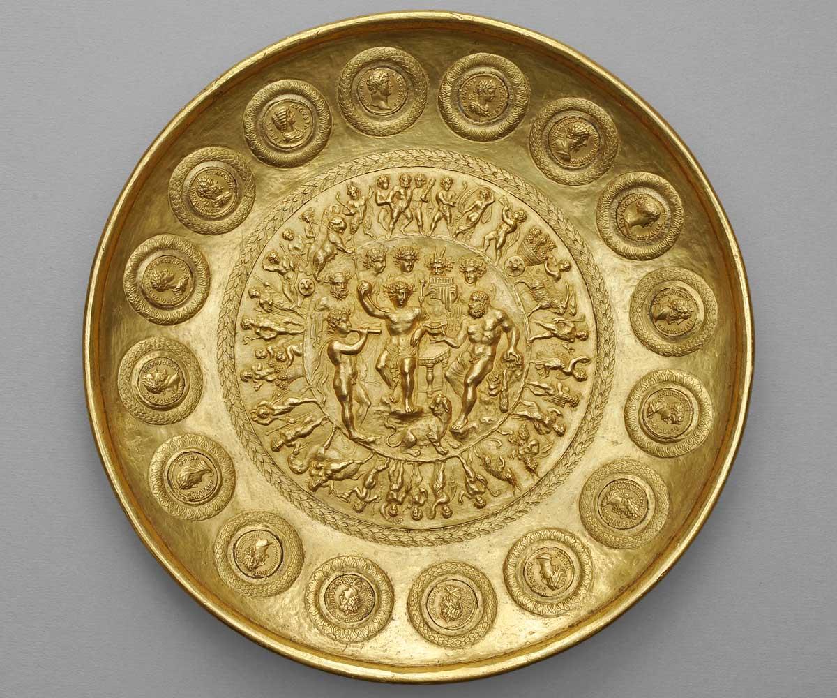 Offering Bowl with Bacchus, Hercules, and Coins.