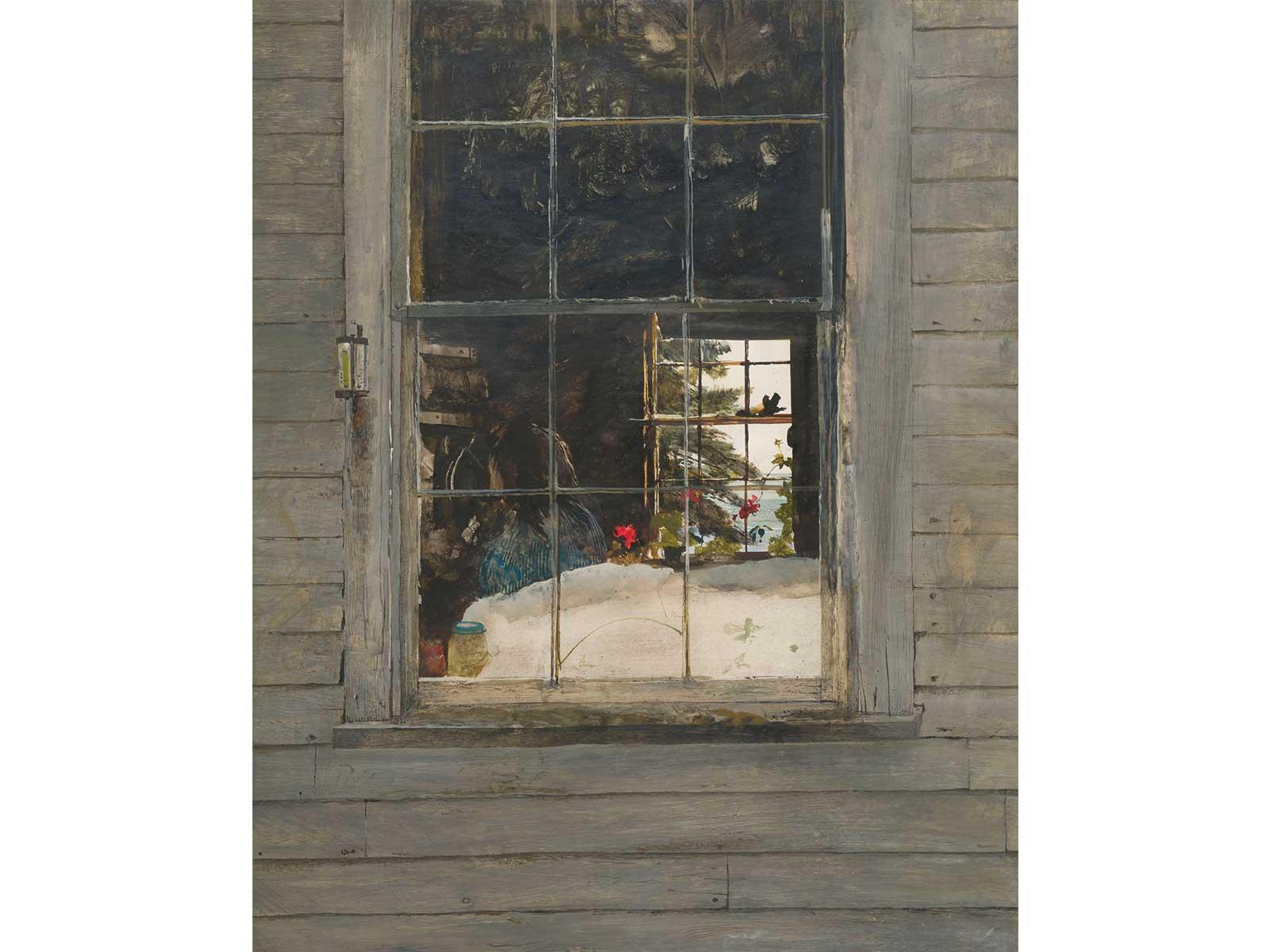 Geraniums, 1960 is a painting of a bedroom as seen through an exterior window. Geraniums appear in the background, seemingly on a bedside table.
