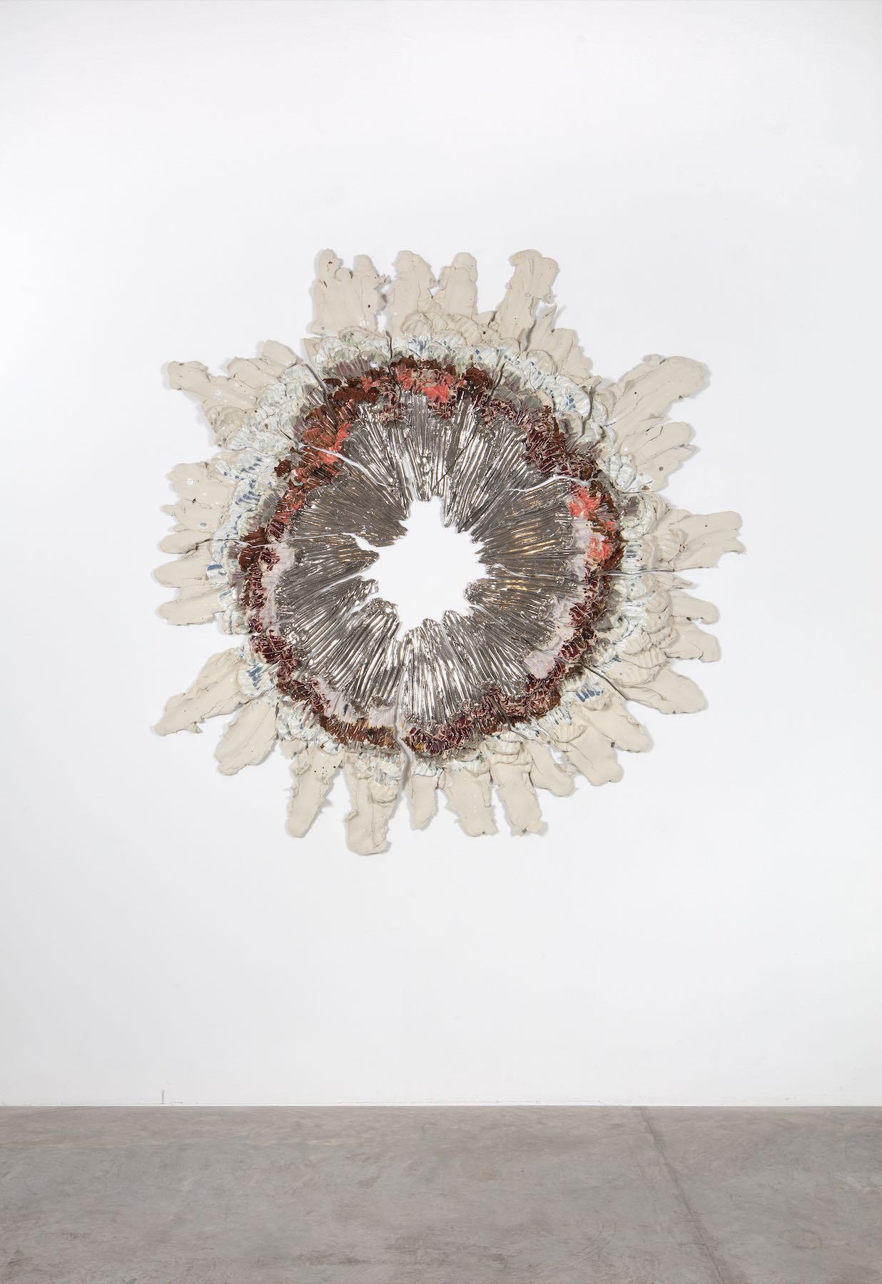 Brie Ruais [b. 1982] Exiting Wound, 130lbs (Silver Peak Lithium), 2021. Glazed and lustered stoneware, hardware. 64 1/2 x 64 x 2 inches, 164 x 162.5 x 5 cm.