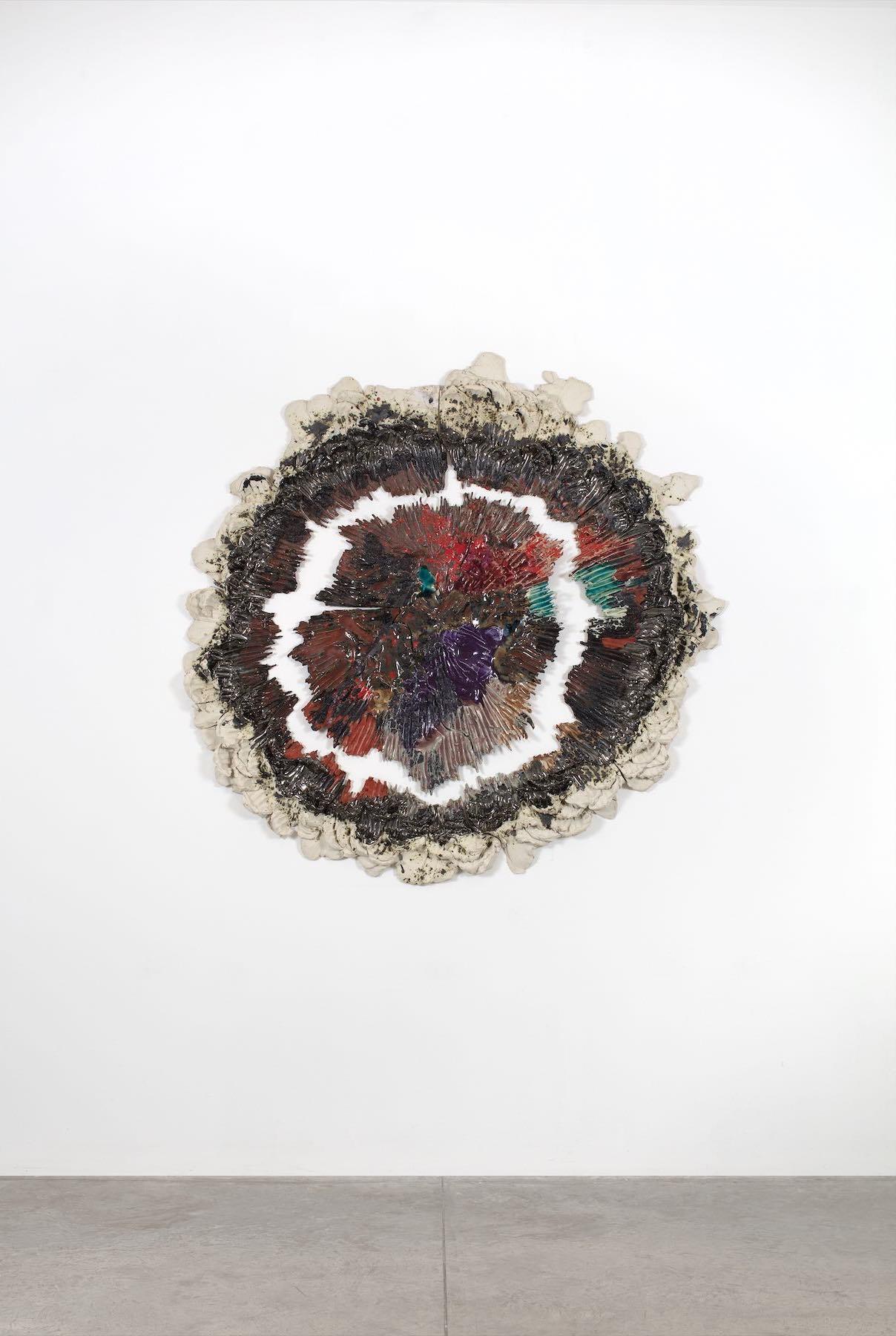 Brie Ruais [b. 1982] Making Space From the Inside (Rio Tinto Kennecott), 130lbs, 2021. Glazed stoneware, hardware. 58 x 56 x 2 1/2 inches, 147.5 x 142 x 6.5 cm.