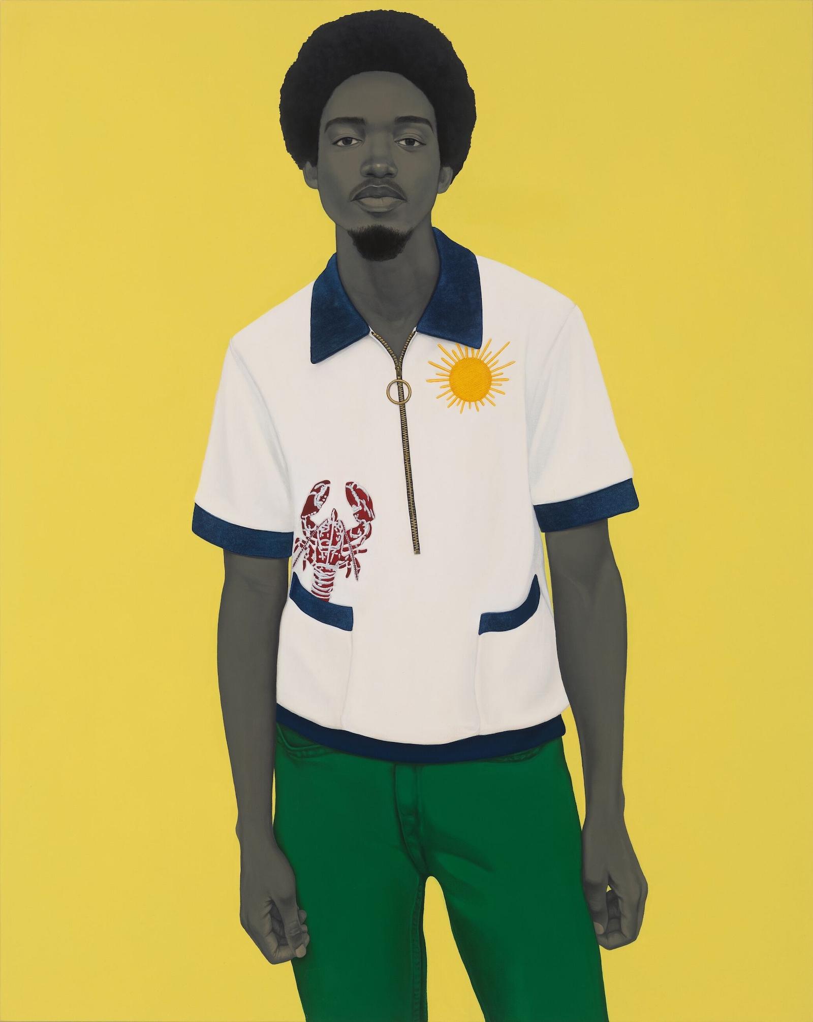 Man in white shirt and green pants stands, looking at viewer similar to Sherlad's hope is the thing with feathers portrait