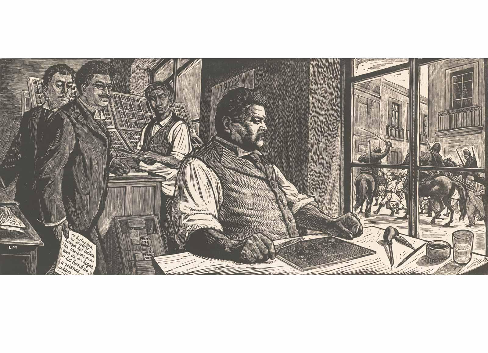 Leopoldo Méndez (1902–1969). Posada en su taller [Posada in His Workshop], 1953. Linocut.