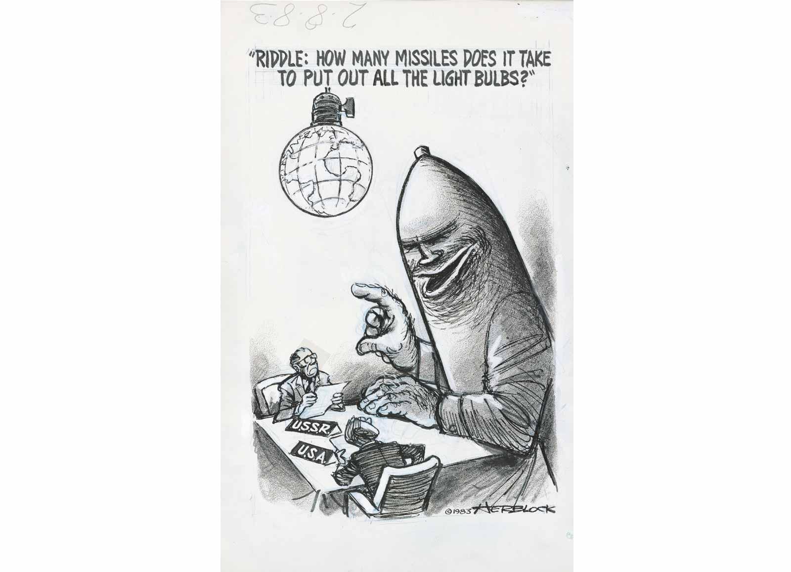 Herblock (1909–2001). “Riddle: How Many Missiles Does it Take to Put Out All the Light Bulbs?,” 1983
