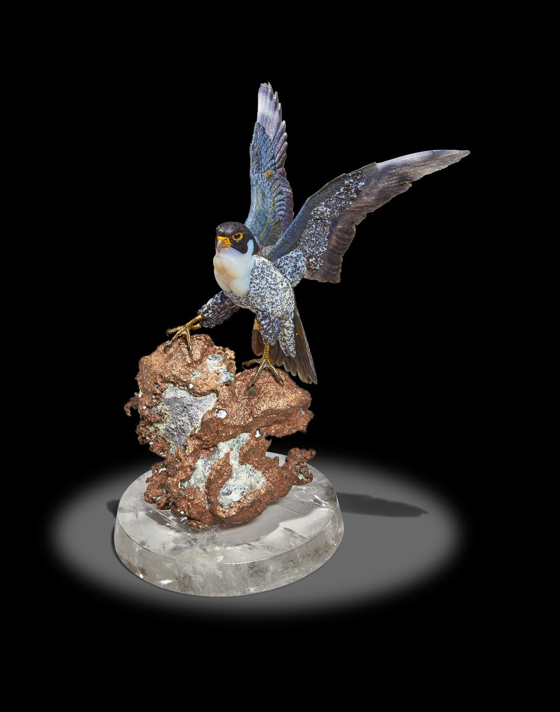 Carved Agate Falcon on Native Copper Base by Gerd Dreher, Idar-Oberstein, Germany (estimate: $15,000-25,000)
