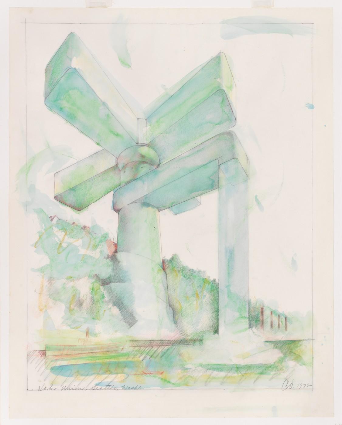 Claes Oldenburg, Proposal for a Cathedral in the Form of a Colossal Faucet, Lake Union, Seattle, 1972.