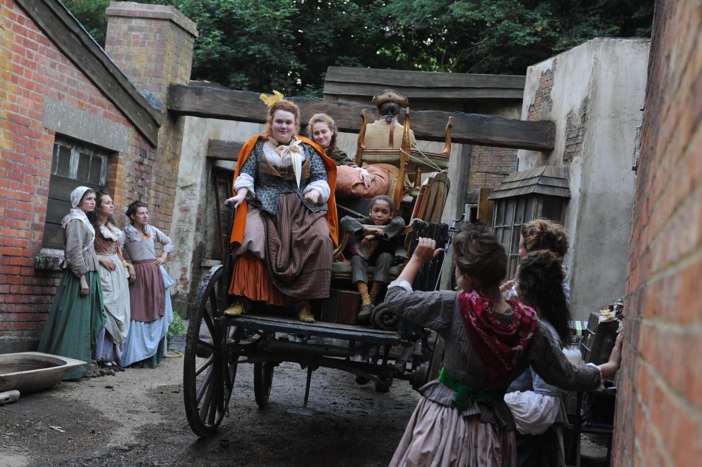 From Left, Margaret's Harlots Fanny Lambert (Bronwyn James), Kitty Carter (Lottie Tolhurst), and Son, Jacob Wells North (Jordan A. Nash), Harlots Episode 103, Costumes by Edward Gibbon