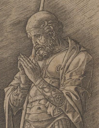 Andrea Mantegna, detail of right figure in The Risen Christ between Saints Andrew and Longinus, ca. 1475. 