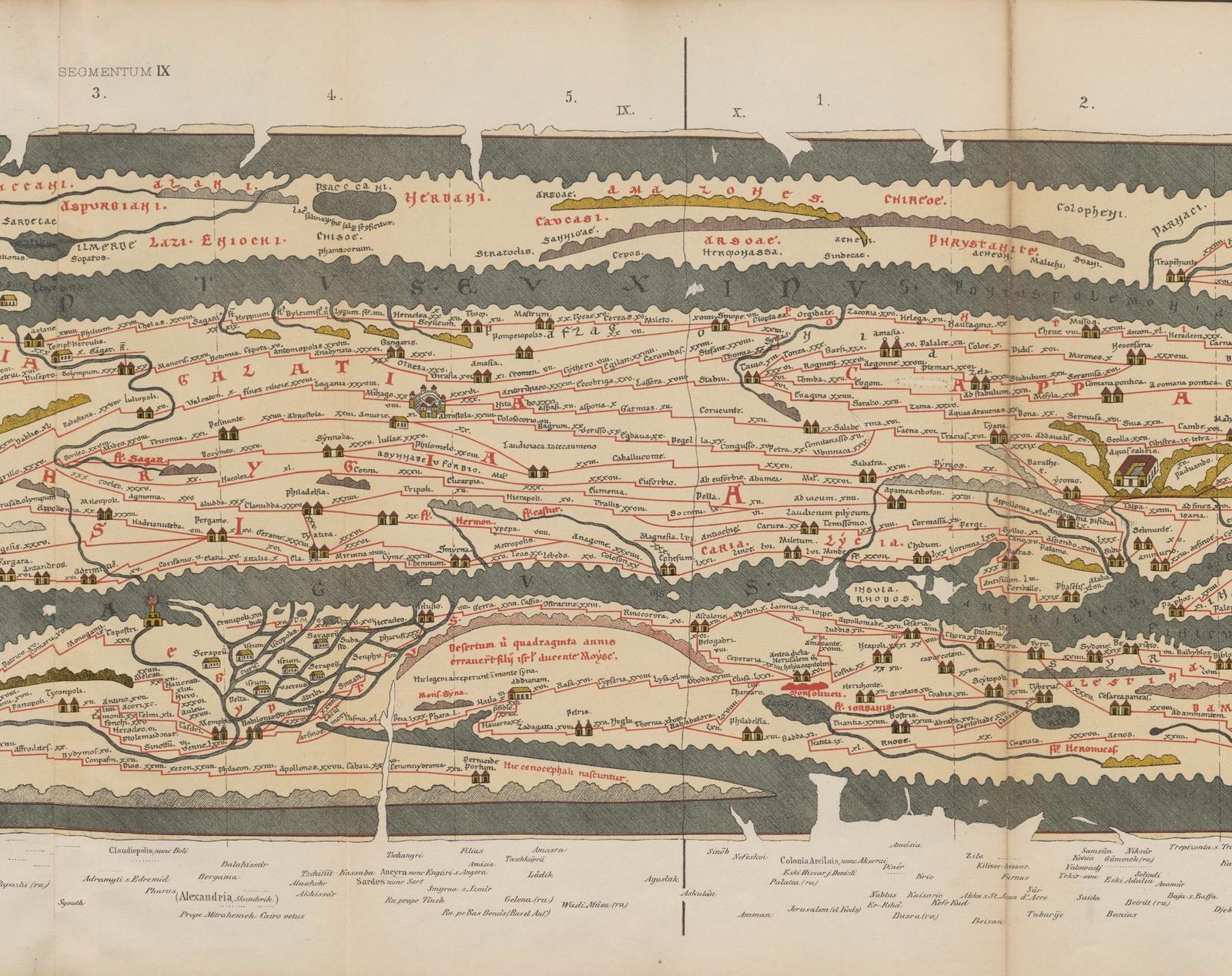 Detail of the Tabulae Peutingeriana, a thirteenth-century copy of a possible fourth to fifth-century Roman original map of the Empire. The map depicts notable landmarks and places of interest including many thermal spas and water features.