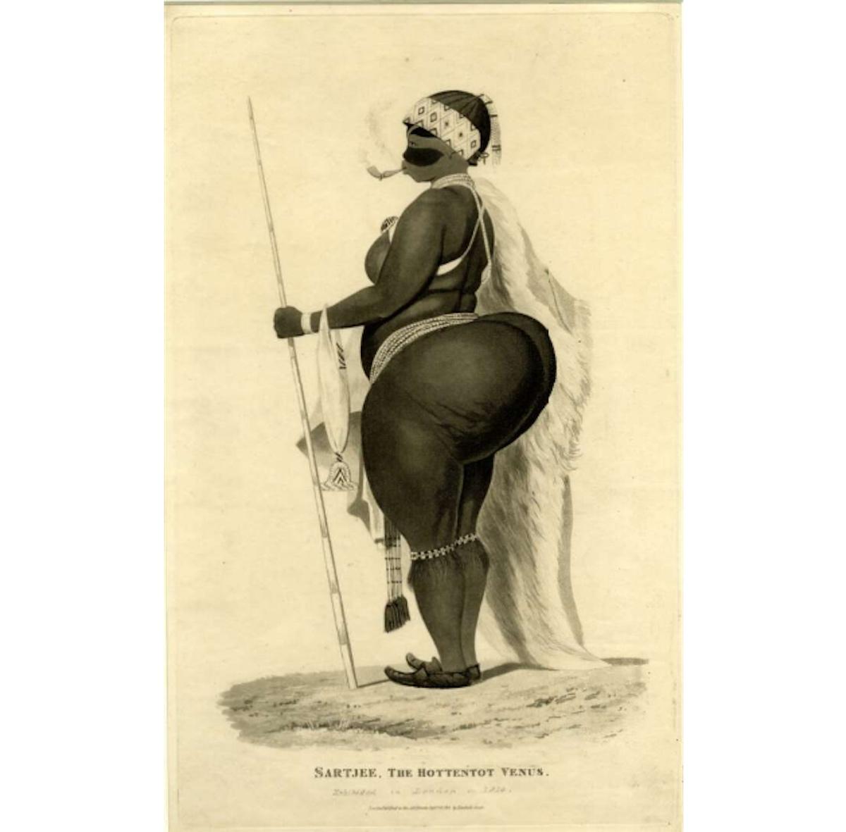 Frederick Christian Lewis, Saartjie, the Hottentot Venus, 1810. Aquatint and etching on paper, 14.2 x 8.7 in, The British Museum, London.