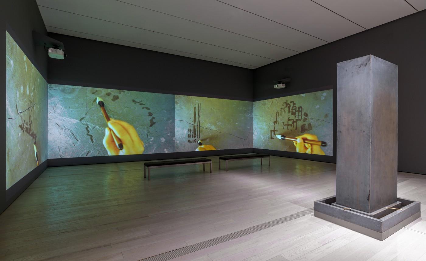 Installation photograph, featuring Song Dong’s Traceless Stele (2016) and Water Records (2010)