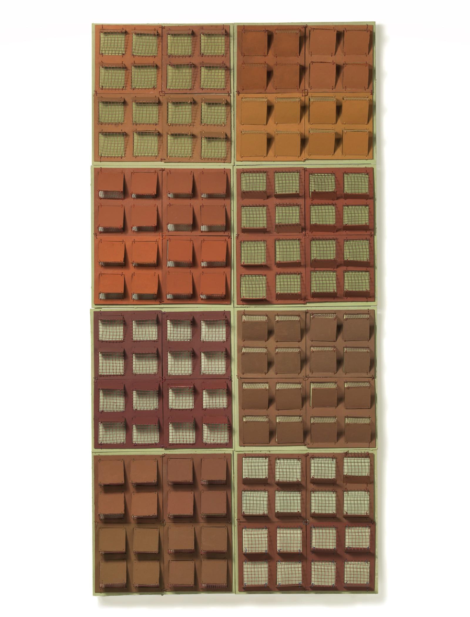 Laurene Krasny Brown Facades, I Gouache, acrylic, wire mesh, thread on paper 42 x 21 x 1.5 in. 2022 © Laurene Krasny Brown