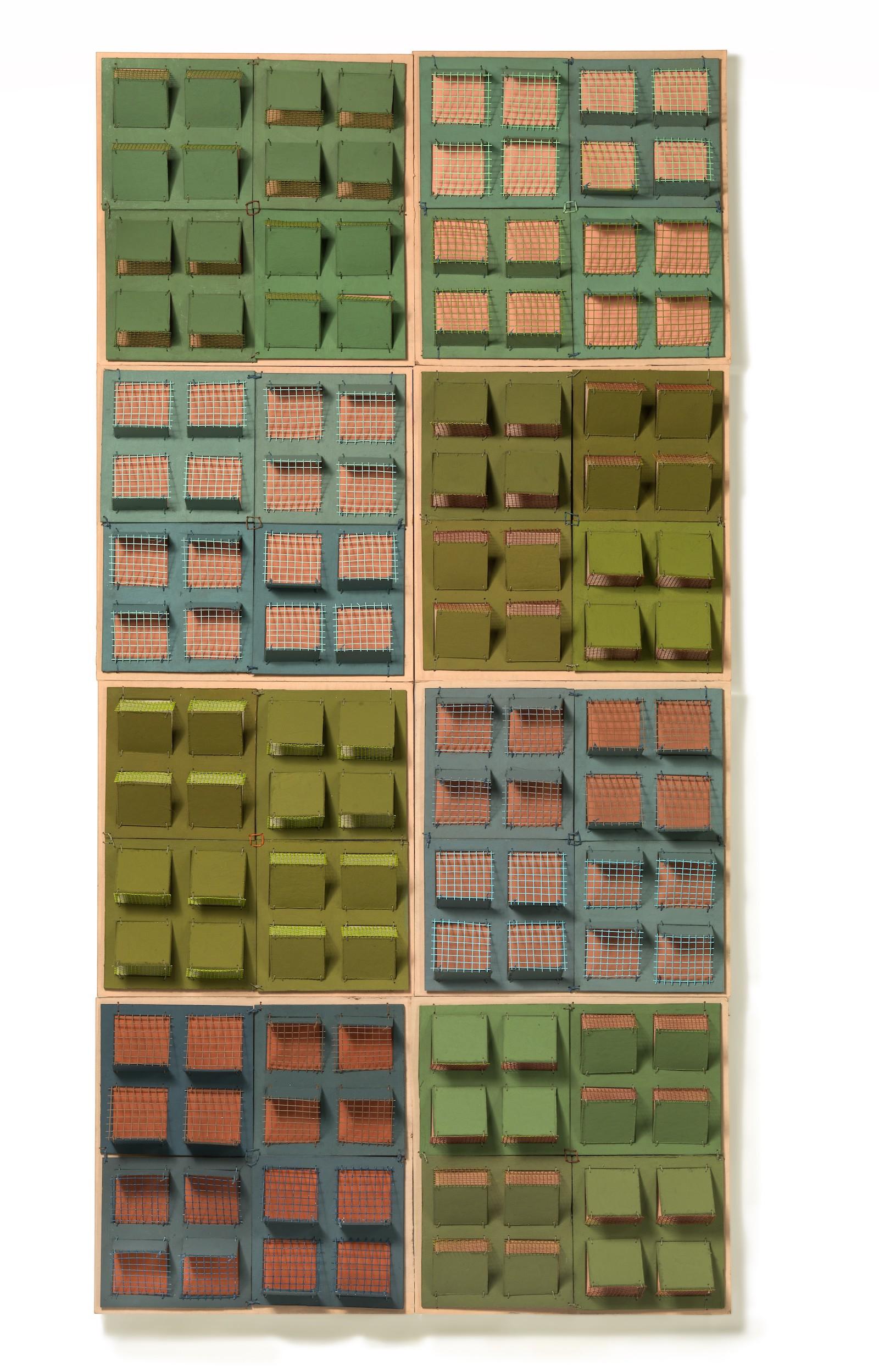 Laurene Krasny Brown, Facades, II, 2022. Gouache, acrylic, wire mesh, thread on paper. 42 x 21 x 1.5 in.