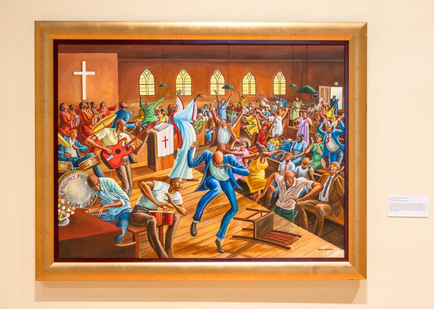 Ernie Barnes, Friendly Friendship Baptist Church, 1994. Acrylic on canvas. The Hardy Nickerson Family Collection.