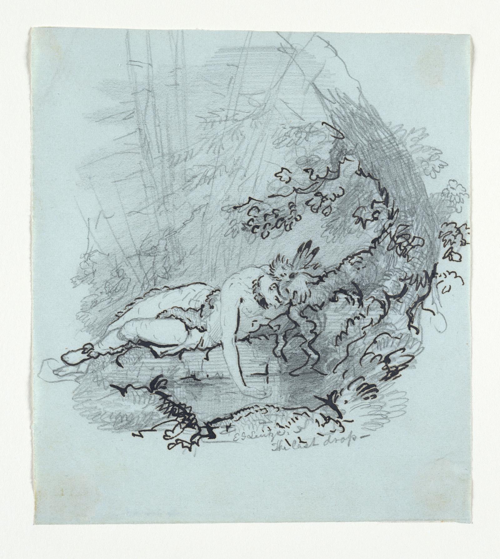 Emanuel Leutze, The Last Drop (from McGuire Scrapbook). Iron gall ink and graphite on thin green wove letterpress paper. 5 5/16 x 4 7/8 in. (13.5 x 12.4 cm)