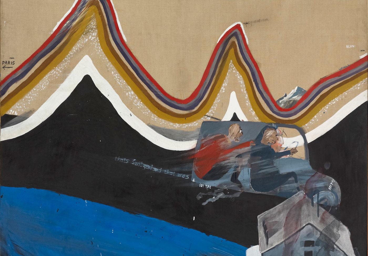 Flight into Italy - Swiss Landscape (Painting in a Scenic Style) by David Hockney, 1962.