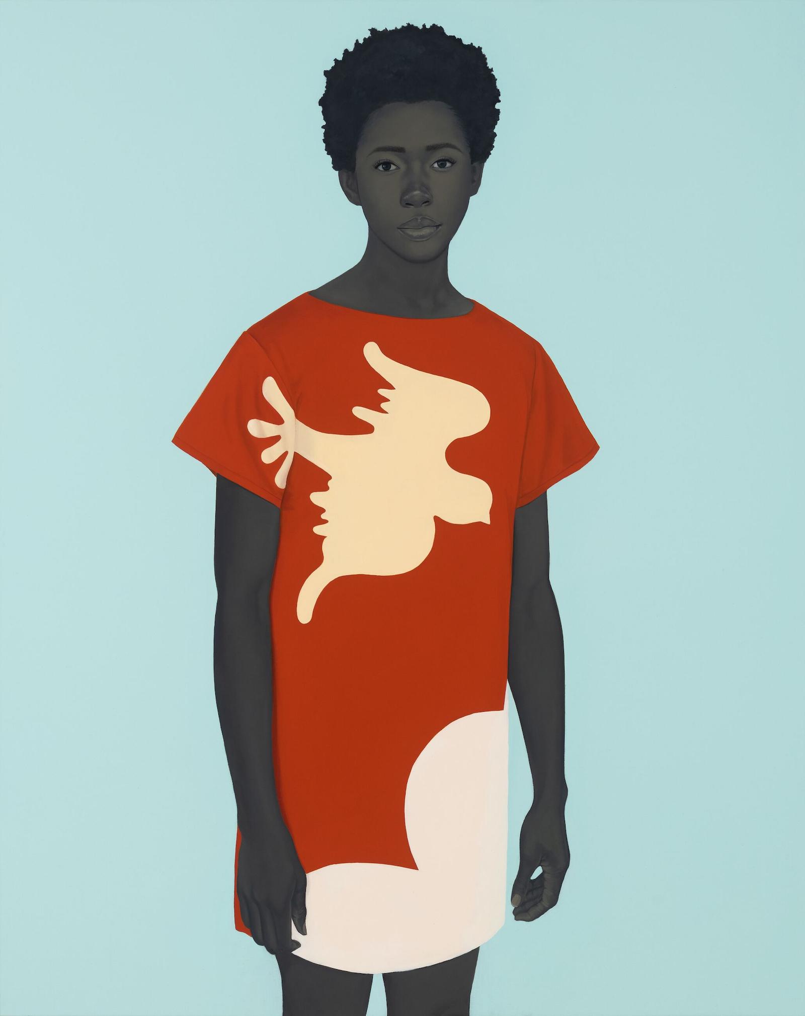 woman in a red dress stands, looking directly at viewer
