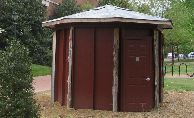 Image of a freestanding, room-sized camera obscura at the University of North Carolina at Chapel Hill. This was a collaborative project created by students of professor Elin O'Hara Slavick. Created in 2005, this structure has since been moved or disassembled.