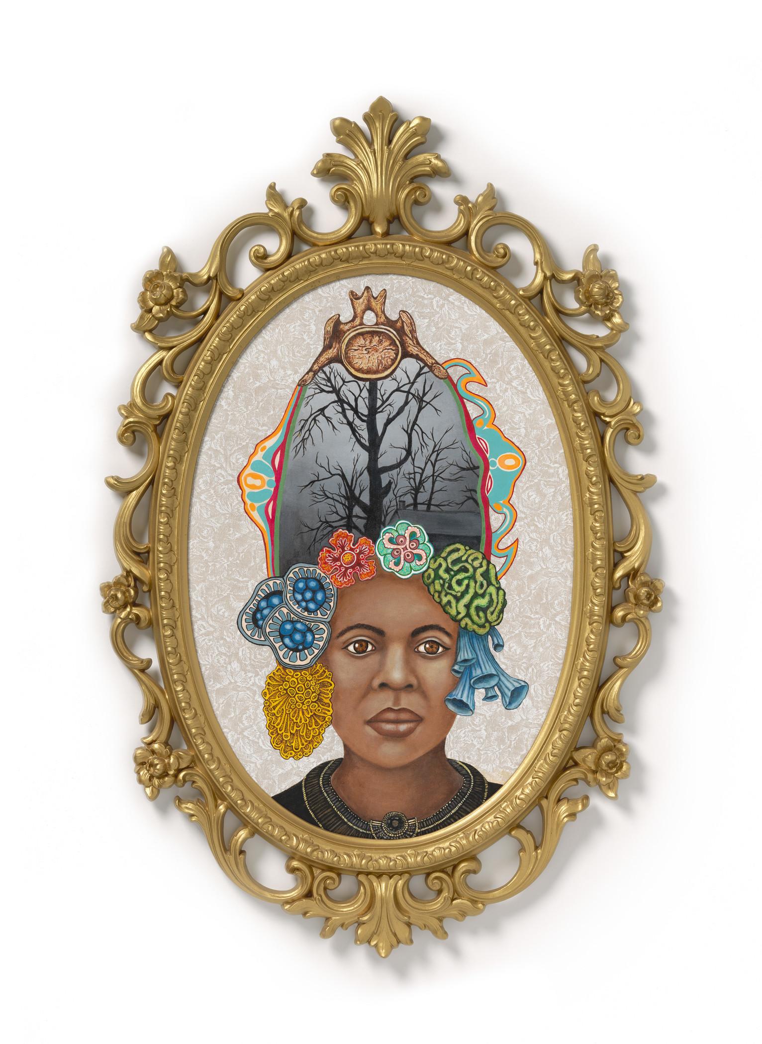 Lezley Saar, Of a bed of night iris shredding petals one by one, like the hours of darkness, 2020. Acrylic on fabric over wood panel in found vintage frame. 29 x 19 x 1/2 in.