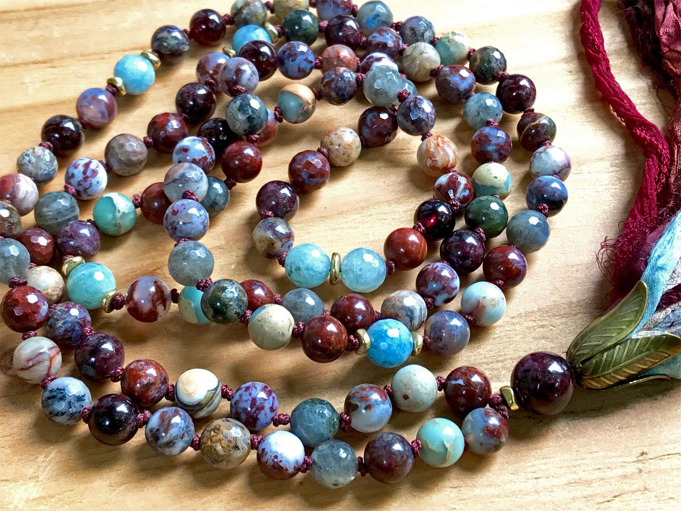 Root Chakra Mala Beads, Knotted Fire Agate, Labradorite, African Opal &amp; Aquamarine, Silk Sari Tassel.