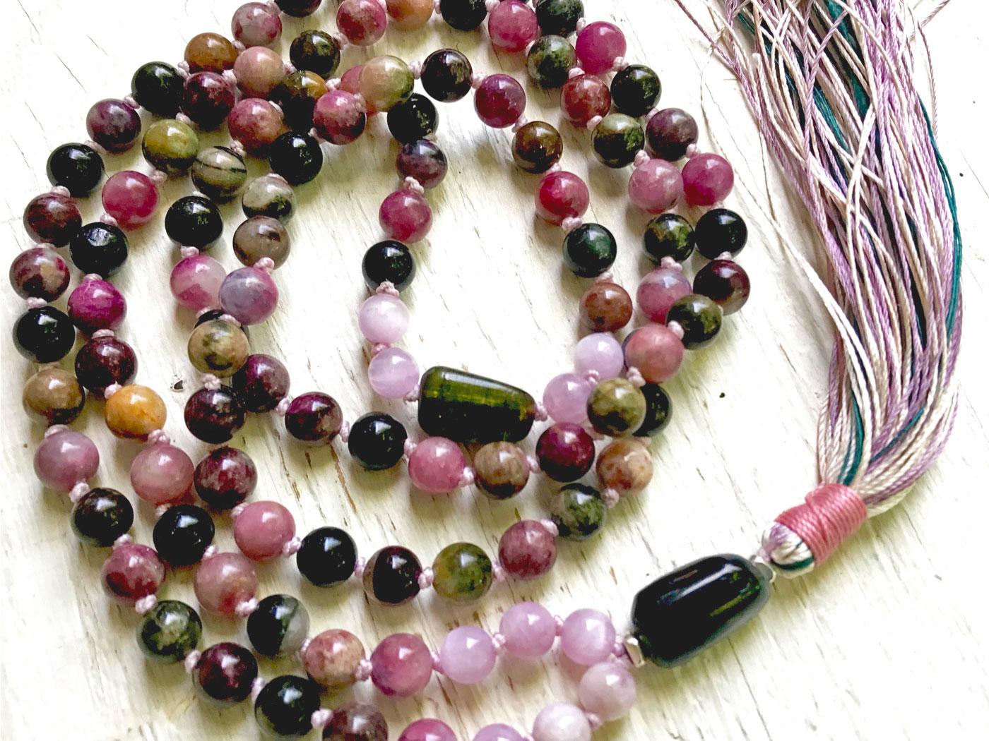 Healing Mala, Tourmaline Mala Beads, Kynzite, Tassel.