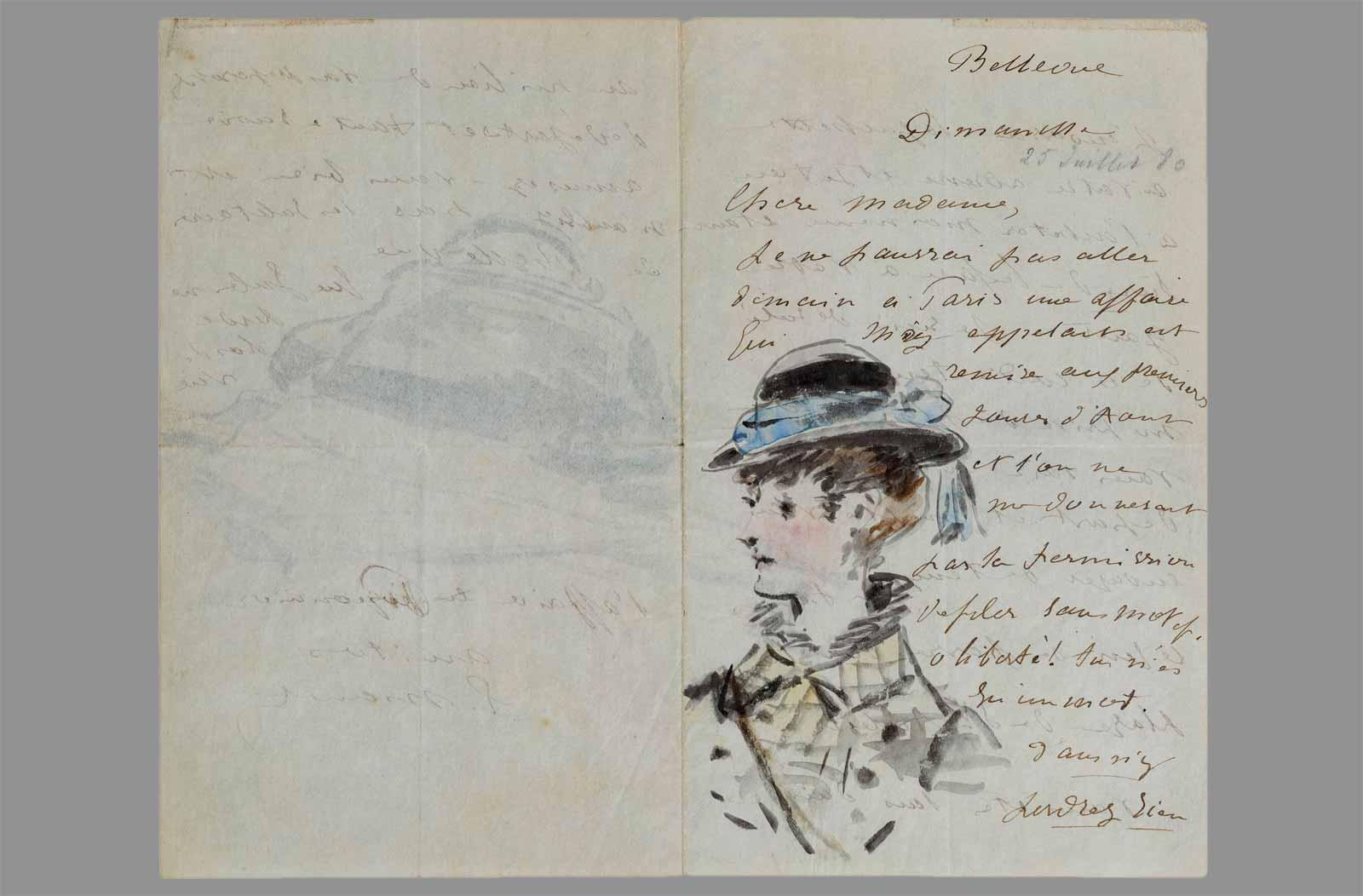 Édouard Manet. Letter to Madame Jules Guillemet, Decorated with a Portrait and a Still Life of a Bag and a Parasol, July 1880.