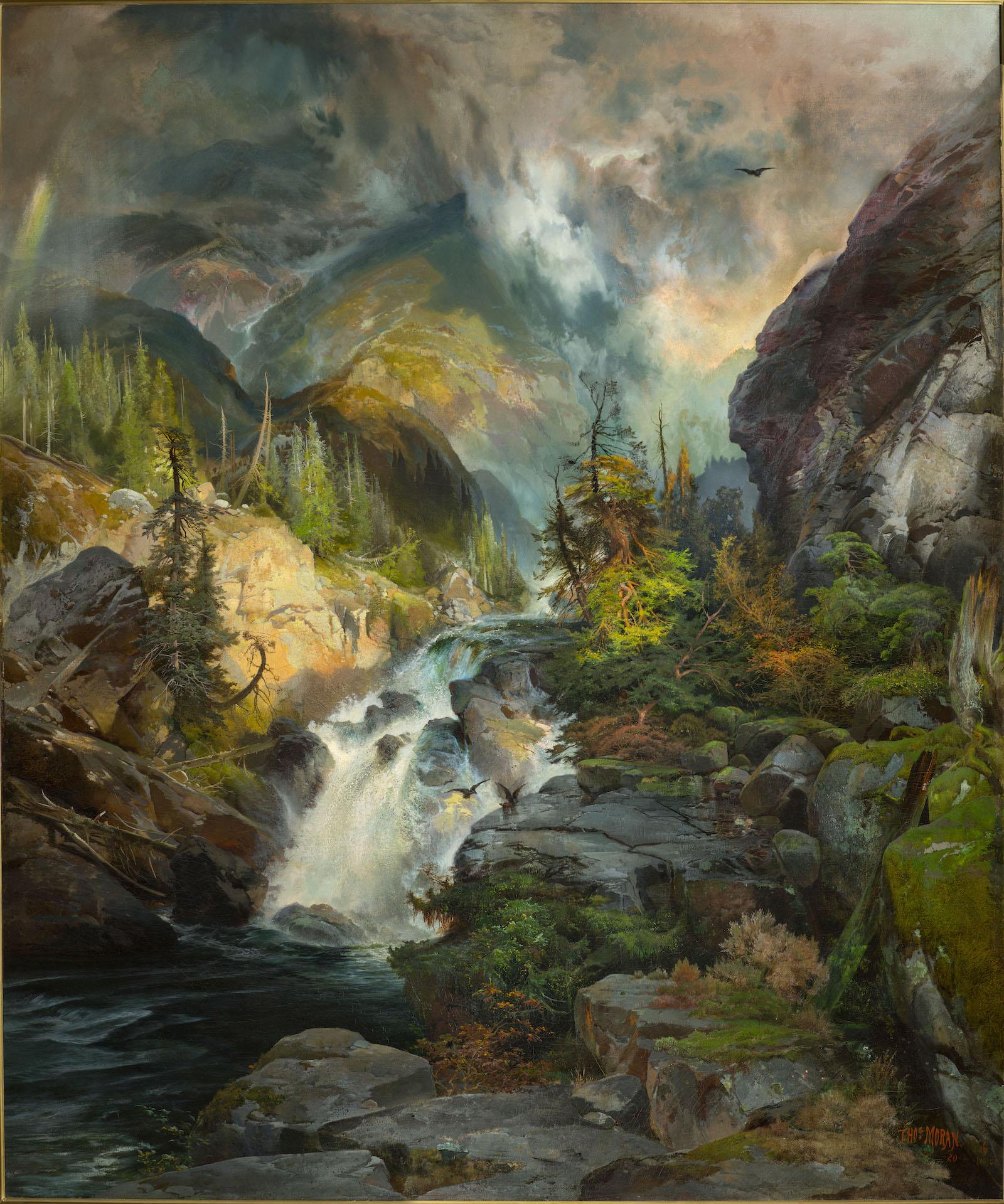 relatively abstract and emotive landscape of a river cutting between two mountains.
