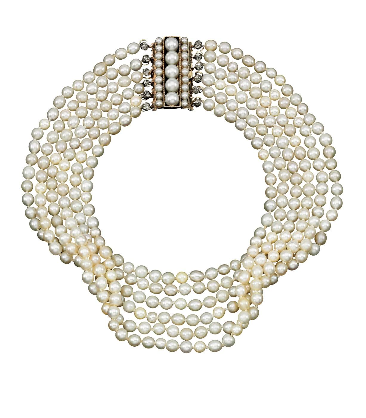 Natural pearl clasp and a cultured pearl and diamond necklace