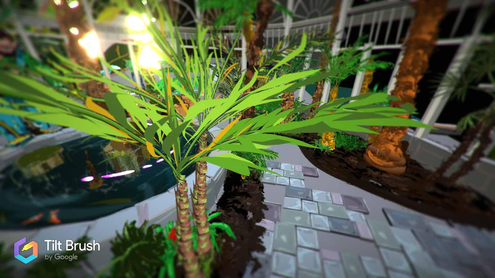 A scene from inside a virtual reality world created using Tilt Brush.