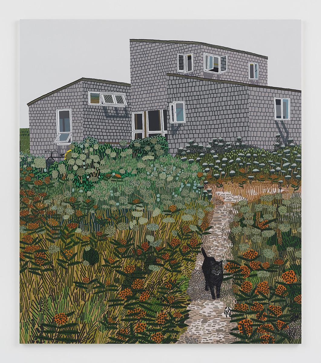 Jonas Wood, C.M.Z. House on M.V. with Ptolemy, 2021. Oil and acrylic on canvas. 100 x 87 inches (254 x 221 cm).