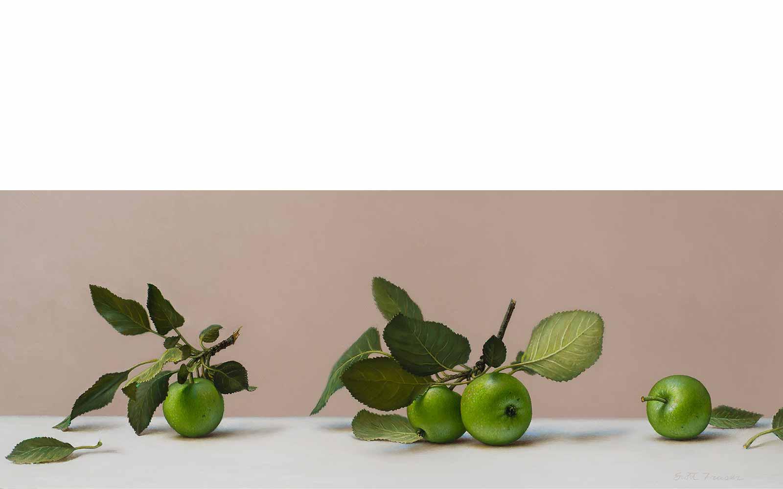 Scott Fraser, Rogers Grove Apples. Oil on board. 8 x 21 inches.