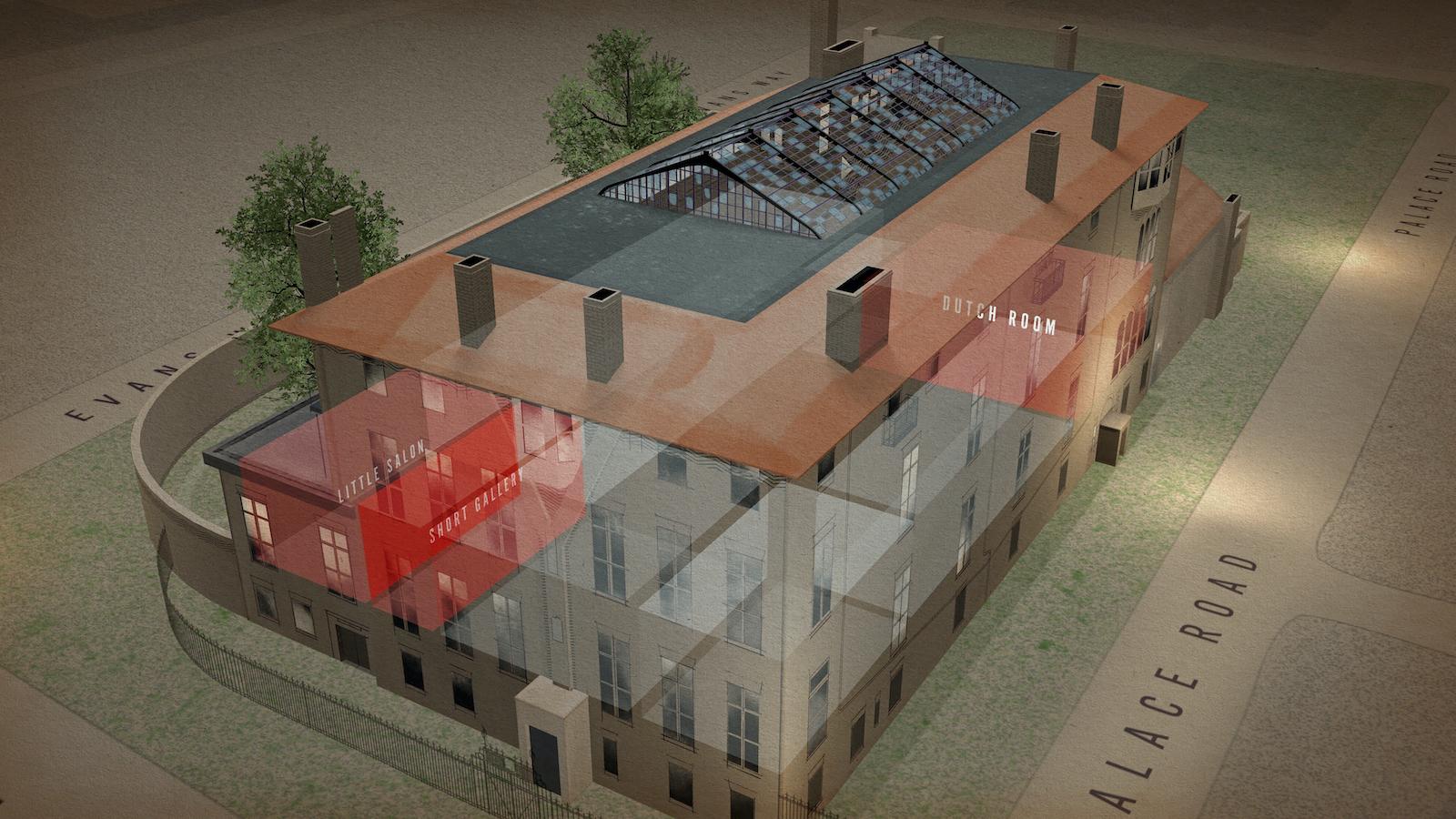 Still from This is a Robbery: The World's Biggest Art Heist ​​​​​​​featuring a computer-generated cut-away view of the Gardner Museum. 