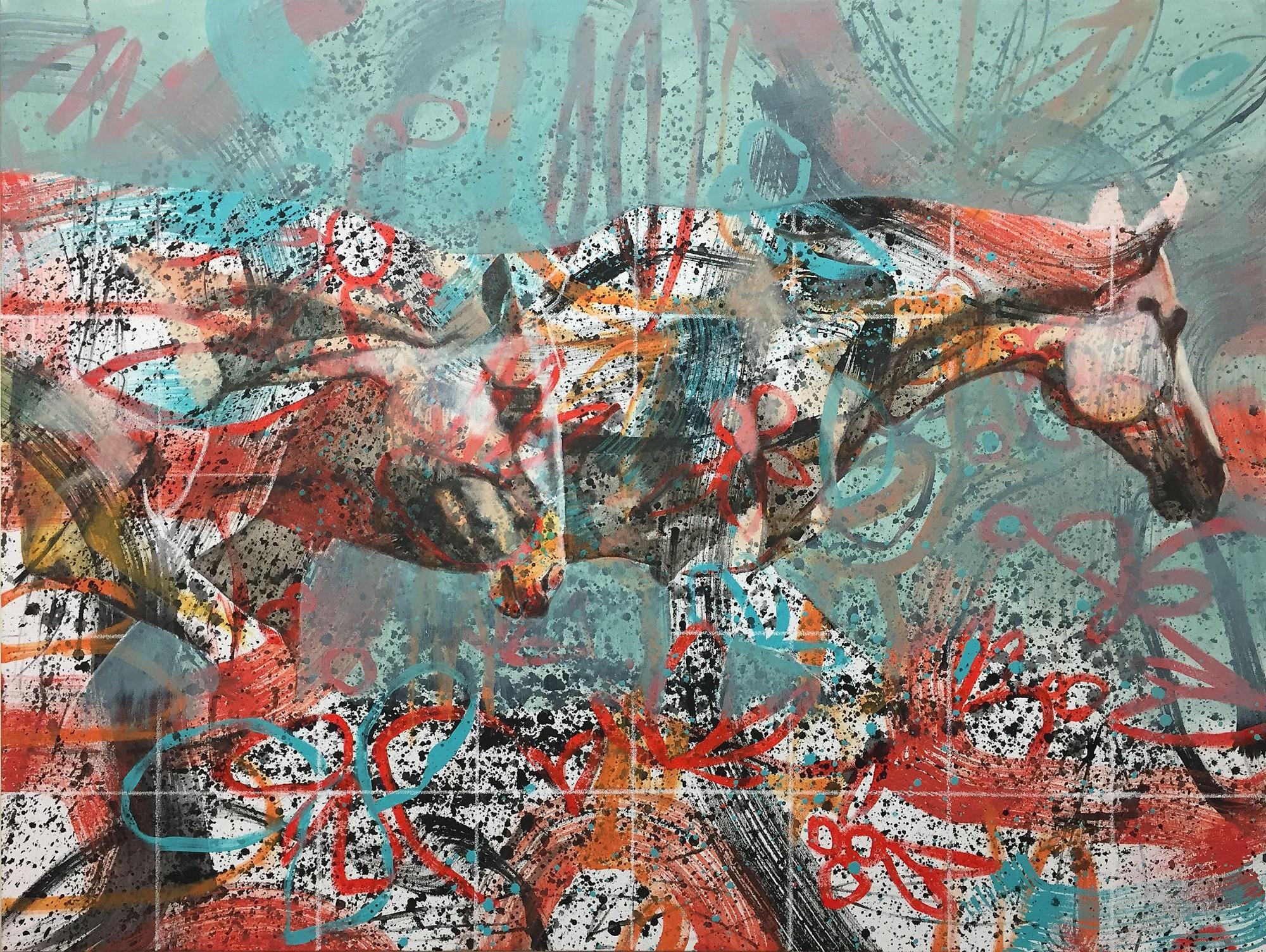 Karen Roehl, SoftStrides. Acrylic, ink, graphite, oil pastel on canvas.