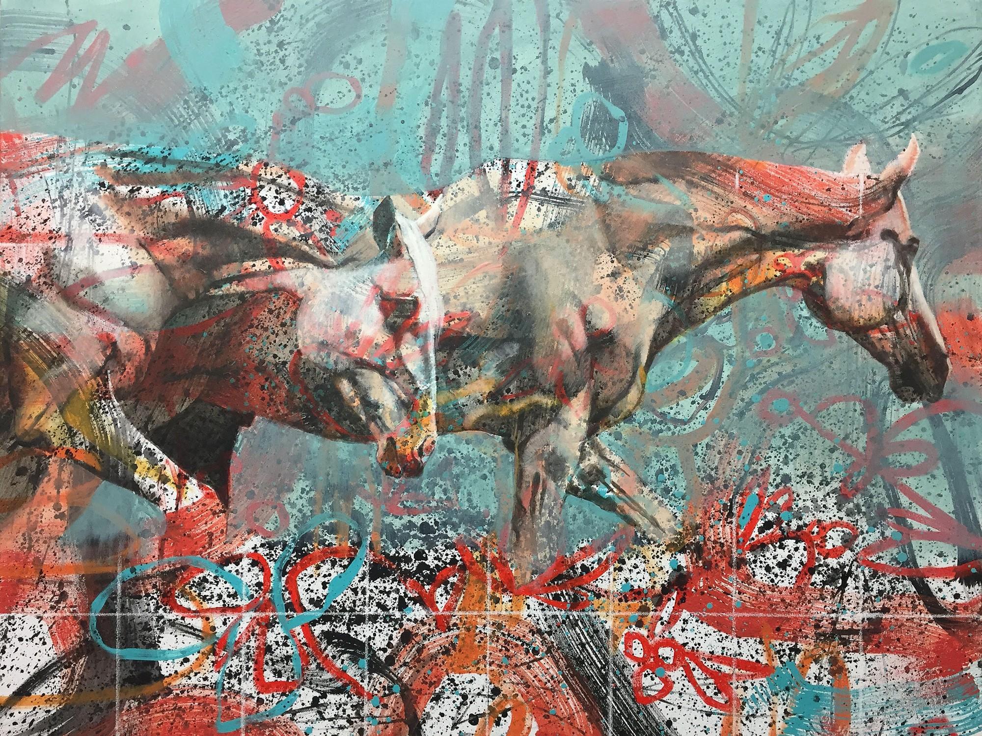 Karen Roehl, SoftStrides. Acrylic, ink, graphite, oil pastel on canvas.