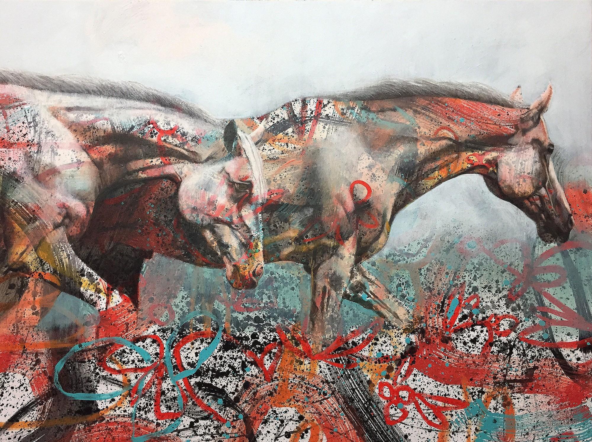 Karen Roehl, SoftStrides painting in progress. Acrylic, ink, graphite, oil pastel on canvas.