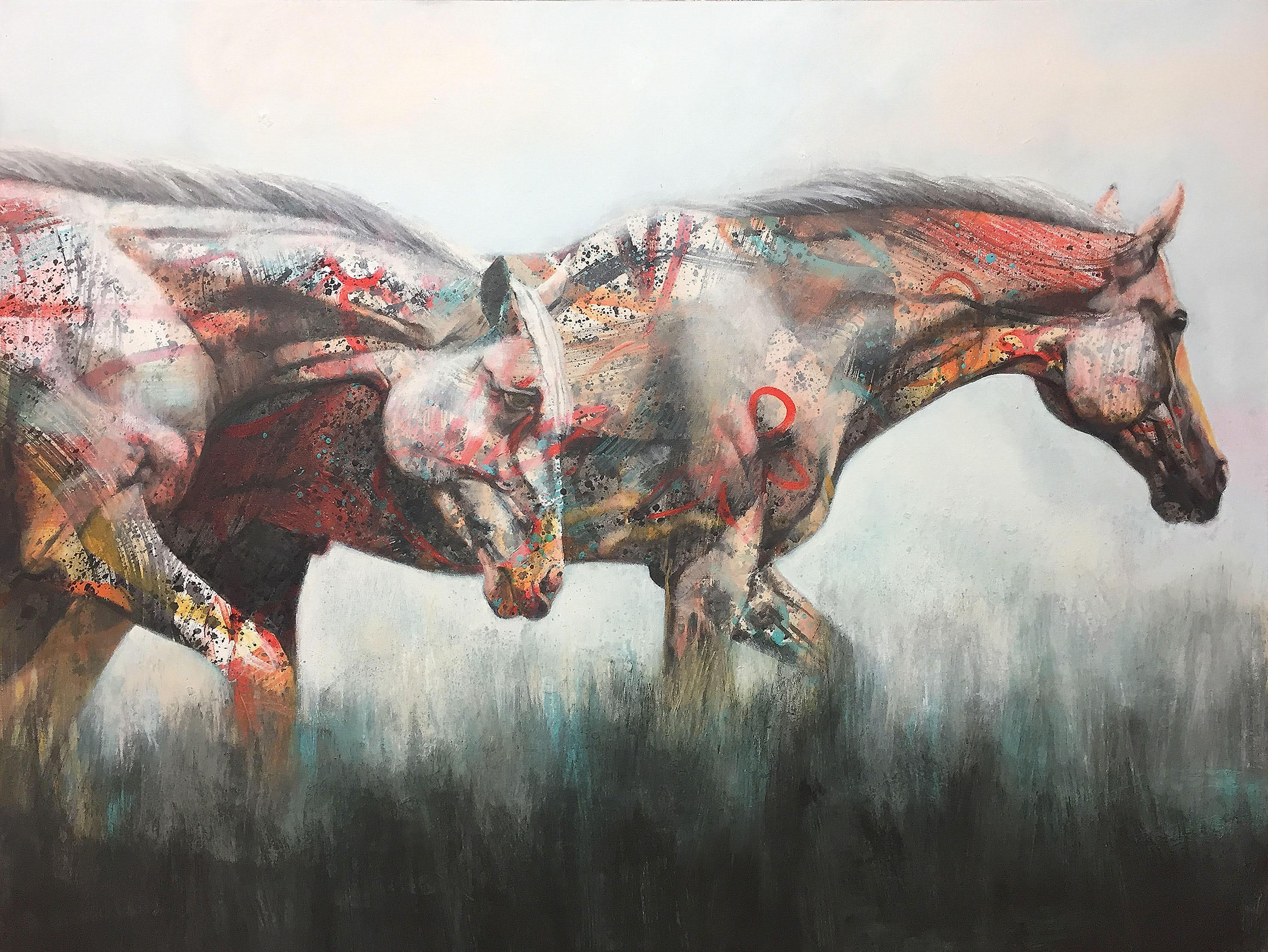 Karen Roehl, SoftStrides painting in progress. Acrylic, ink, graphite, oil pastel on canvas.