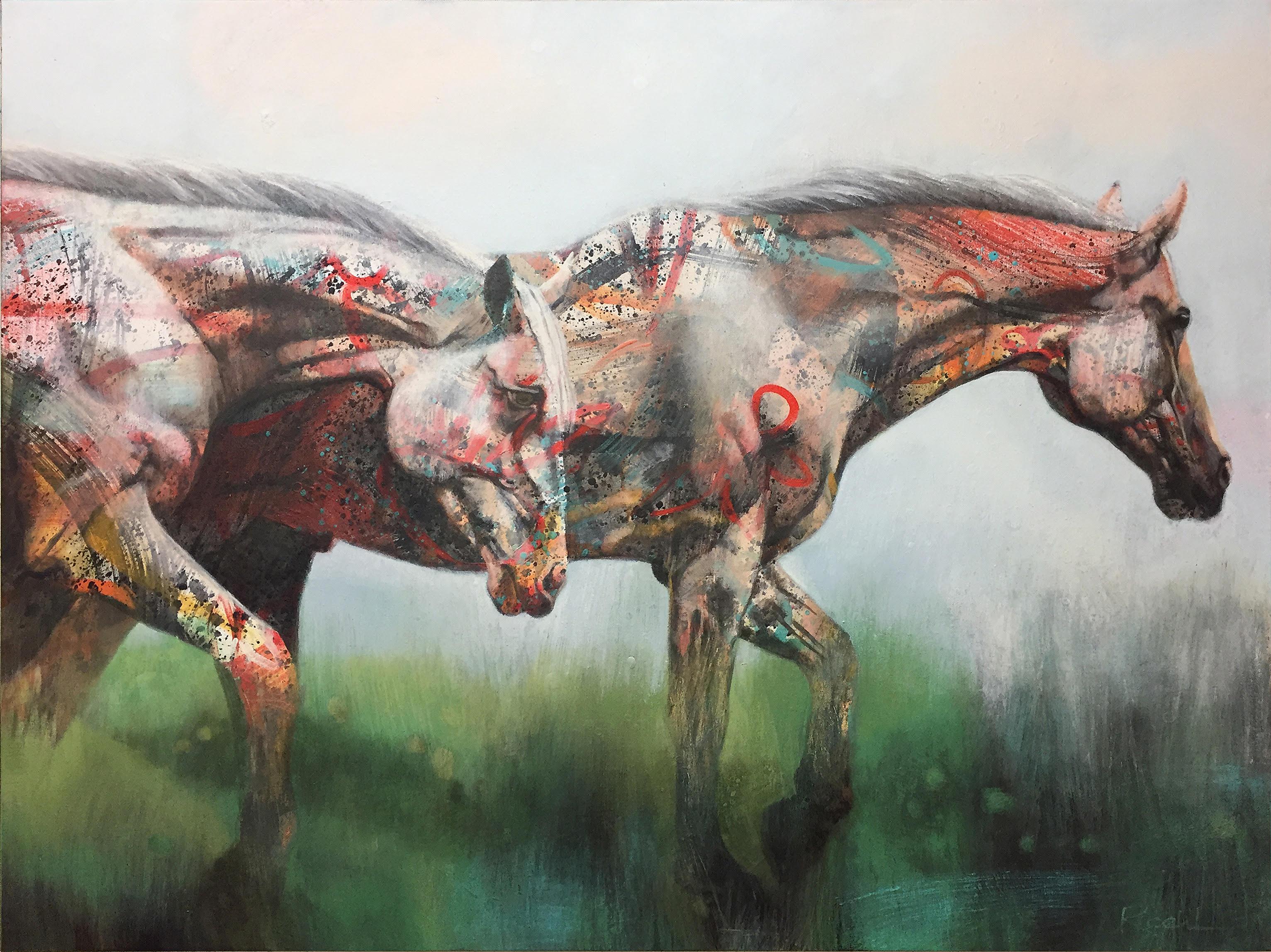 Karen Roehl, SoftStrides painting in progress. Acrylic, ink, graphite, oil pastel on canvas.