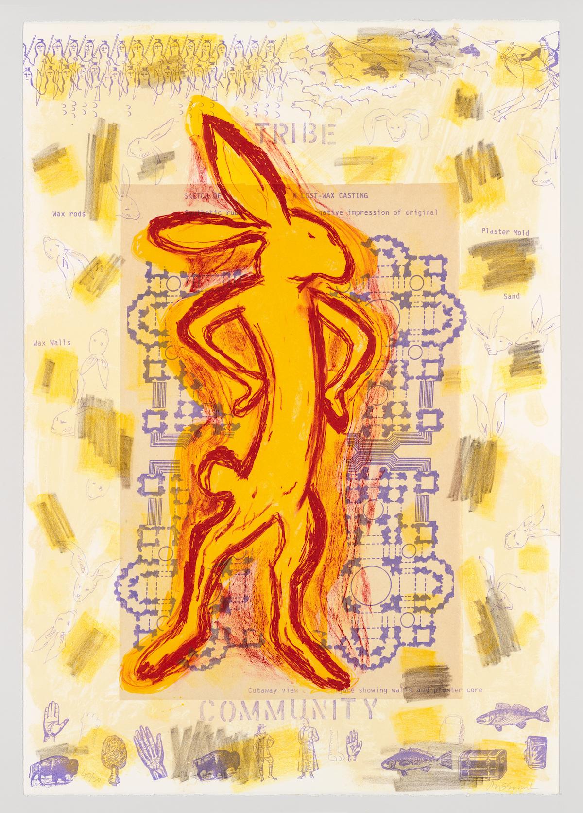 Jaune Quick-to-See Smith, Survival Suite: Wisdom/Knowledge, 1996. Lithograph with chine collé, 36 1/16 × 24 7/8 in. (91.6 × 63.2 cm). Printed by Lawrence Lithography Workshop; published by Zanatta Editions. Whitney Museum of American Art, New York; gift of Joe and Barb Zanatta Family in honor of Jaune Quick-to-See Smith 2003.28.1. © Jaune Quick-to-See Smith