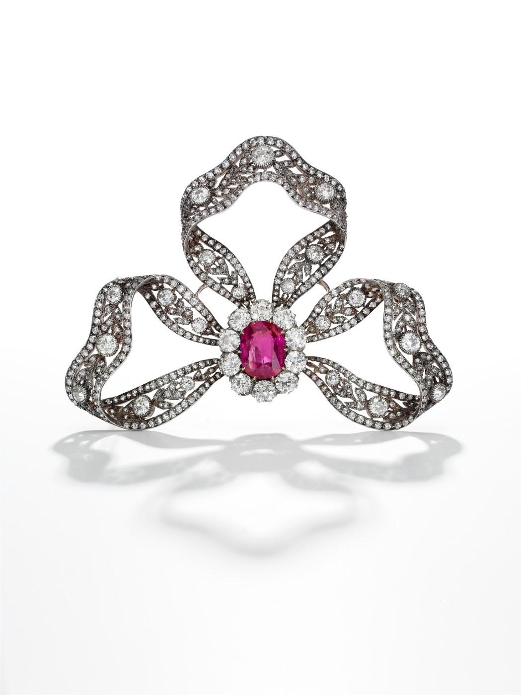 Ruby and diamond brooch-hair ornament, Bachruch, circa 1900