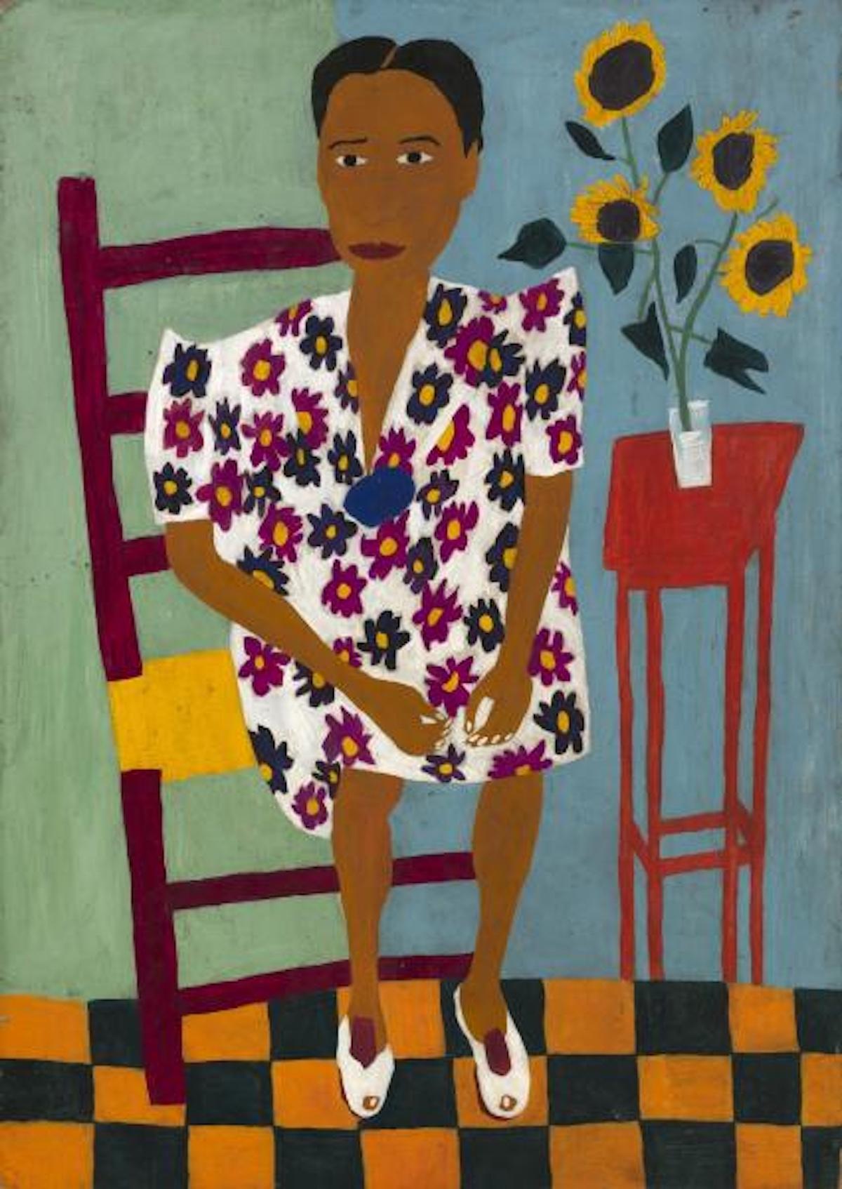 William H. Johnson, Portrait with Sunflowers, 1944. Oil on paperboard, 31.75 x 22.5 in. (80.8 x 57.2 cm.), Smithsonian American Art Museum, Gift of the Harmon Foundation, Washington, D.C.
