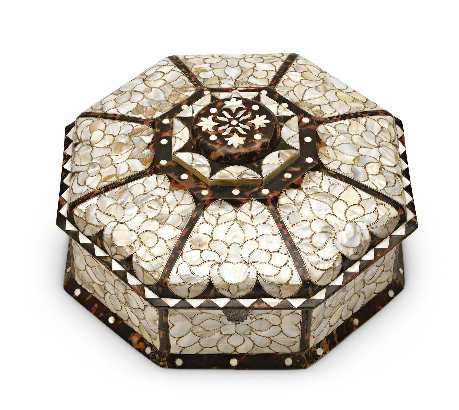 Sewing or Jewelry Box (Costurero o joyero), Guatemala (for export market, possibly Peru), last third of the 18th century.  Los Angeles County Museum of Art, Purchased with funds provided by the Bernard and Edith Lewin Collection of Mexican Art Deaccession Fund. Photo courtesy Galerie Terrades, Paris.
